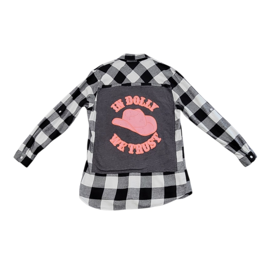 Dolly Parton Upcycled Flannel Shirt In Dolly We Trust Fits Womens Large Plaid - Picture 4 of 7